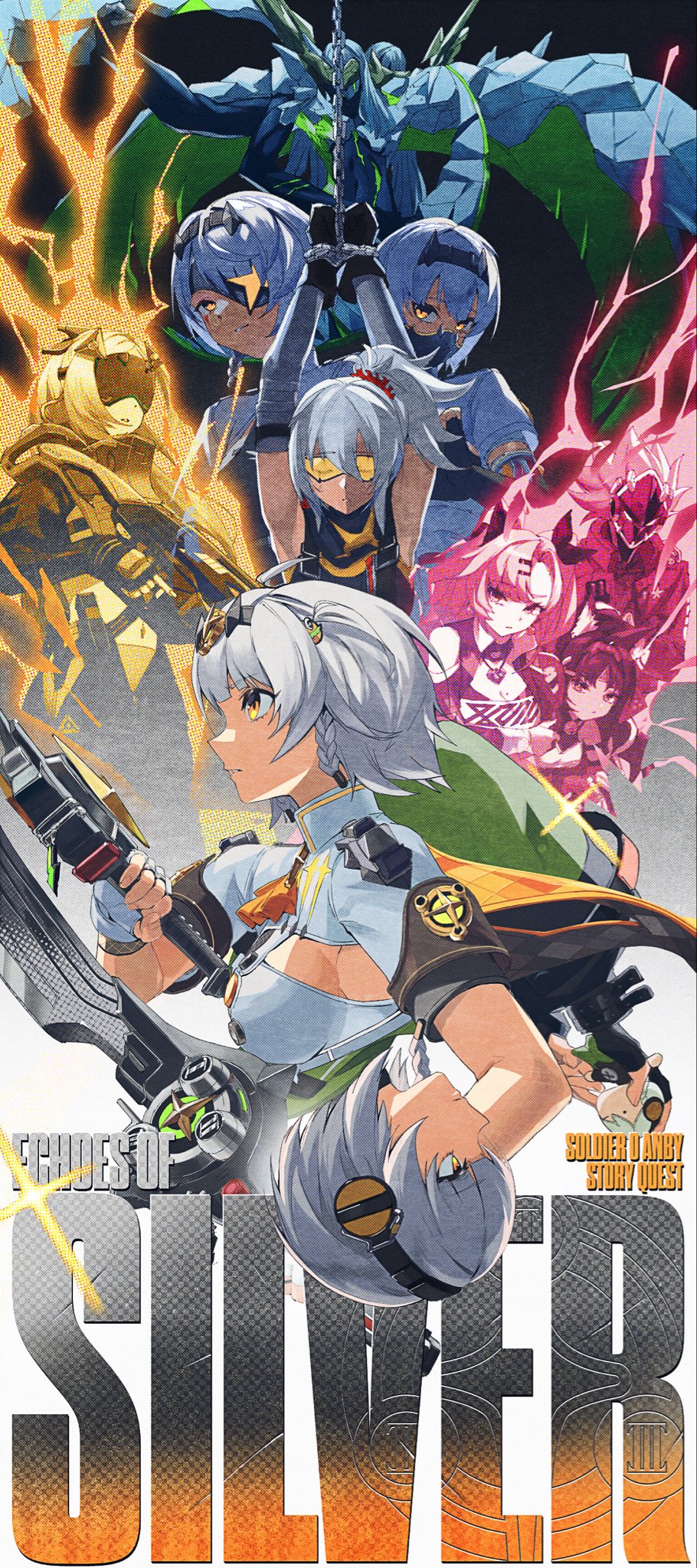 1boy 6+girls alternate_form anby_demara anby_demara_(silver_soldier) animal_ears billy_kid black_gloves black_hair black_hairband blindfold breasts burger_hair_ornament cat_ears cat_girl character_doll clone cowlick cyborg ethereal_(zenless_zone_zero) eyepatch food-themed_hair_ornament gin_(tttetu123) gloves grey_hair hair_between_eyes hair_ornament hairband headphones highres humanoid_robot jacket long_hair mechanical_arms multiple_girls nekomiya_mana nicole_demara official_alternate_costume official_alternate_hairstyle orange_eyes parted_bangs pink_hair ponytail robot scene_reference short_hair soldier_11_(zenless_zone_zero) trigger_(zenless_zone_zero) twiggy_(zenless_zone_zero) white_hair zenless_zone_zero