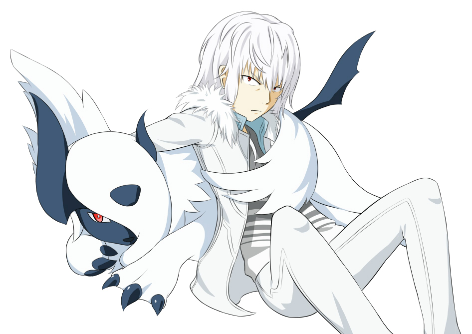 1boy absol accelerator_(toaru_majutsu_no_index) albino animal bright_pupils claws closed_mouth color_connection commentary crossover eye_color_connection feet_out_of_frame fur-trimmed_jacket fur_trim gen_3_pokemon grey_shirt hair_between_eyes jack-barro jacket long_sleeves looking_at_viewer male_focus medium_hair mega_absol mega_pokemon nintendo open_clothes open_jacket pants pokemon pokemon_(creature) red_eyes shirt sidelocks sitting striped_clothes striped_shirt toaru_majutsu_no_index two-tone_shirt v-shaped_eyebrows white_background white_hair white_jacket white_pants white_pupils white_shirt white_theme wings winter_clothes