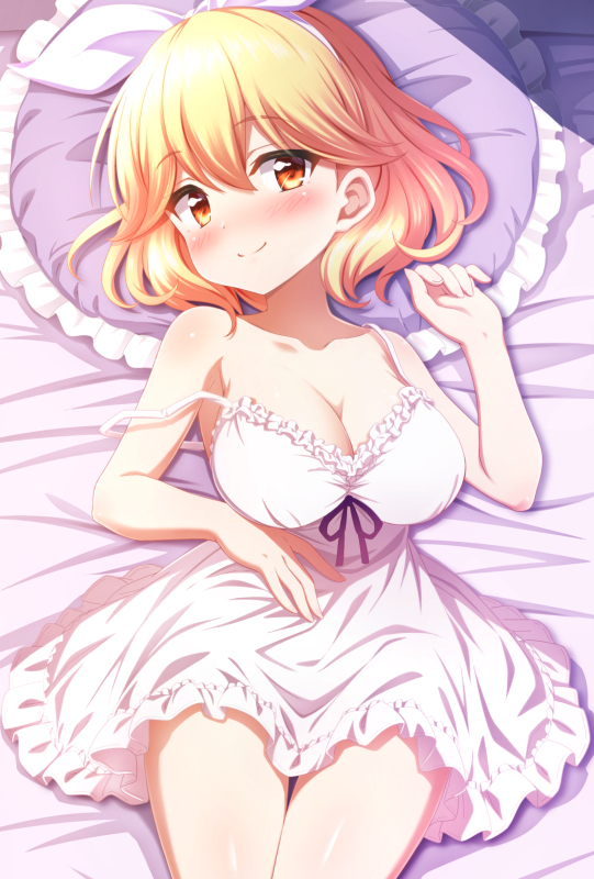 1girl bare_arms bare_shoulders bed_sheet blonde_hair blush closed_mouth collarbone commentary_request commission dress frilled_dress frilled_pillow frills girlfriend_(kari) hair_between_eyes hand_up looking_at_viewer lying nose_blush on_back pillow pixiv_commission red_eyes short_hair sleeveless sleeveless_dress smile solo strap_slip sui._(ayase) ukihashi_asuka white_dress