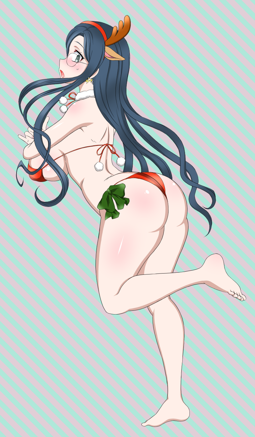 1girl antlers ass back bare_shoulders barefoot bent_over blue_eyes blue_hair blush bow bow_bra bow_panties bra breasts choker christmas collar covered_erect_nipples danganronpa_(series) danganronpa_v3:_killing_harmony earrings eyelashes female_focus fingernails glasses glasses_on_head green_background green_bow green_ribbon hairband hands_over_breasts headband highres horns jewelry large_breasts leaning_forward long_hair looking_at_viewer neck_ribbon one_leg_raised panties pink_background red_bow red_bra red_hairband red_headband red_headwear red_panties red_ribbon reindeer reindeer_antlers reindeer_hair_ornament ribbon round_eyewear santa_costume shirogane_tsumugi shoulder_blades simple_background solo standing standing_on_one_leg striped_background sweat sweatdrop underwear white_choker white_collar