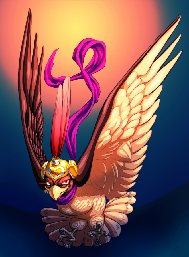 animal_focus beak bird c-7_(assate) falcon feathers gradient_background helmet jojo_no_kimyou_na_bouken no_humans pet_shop red_eyes scarf solo wings