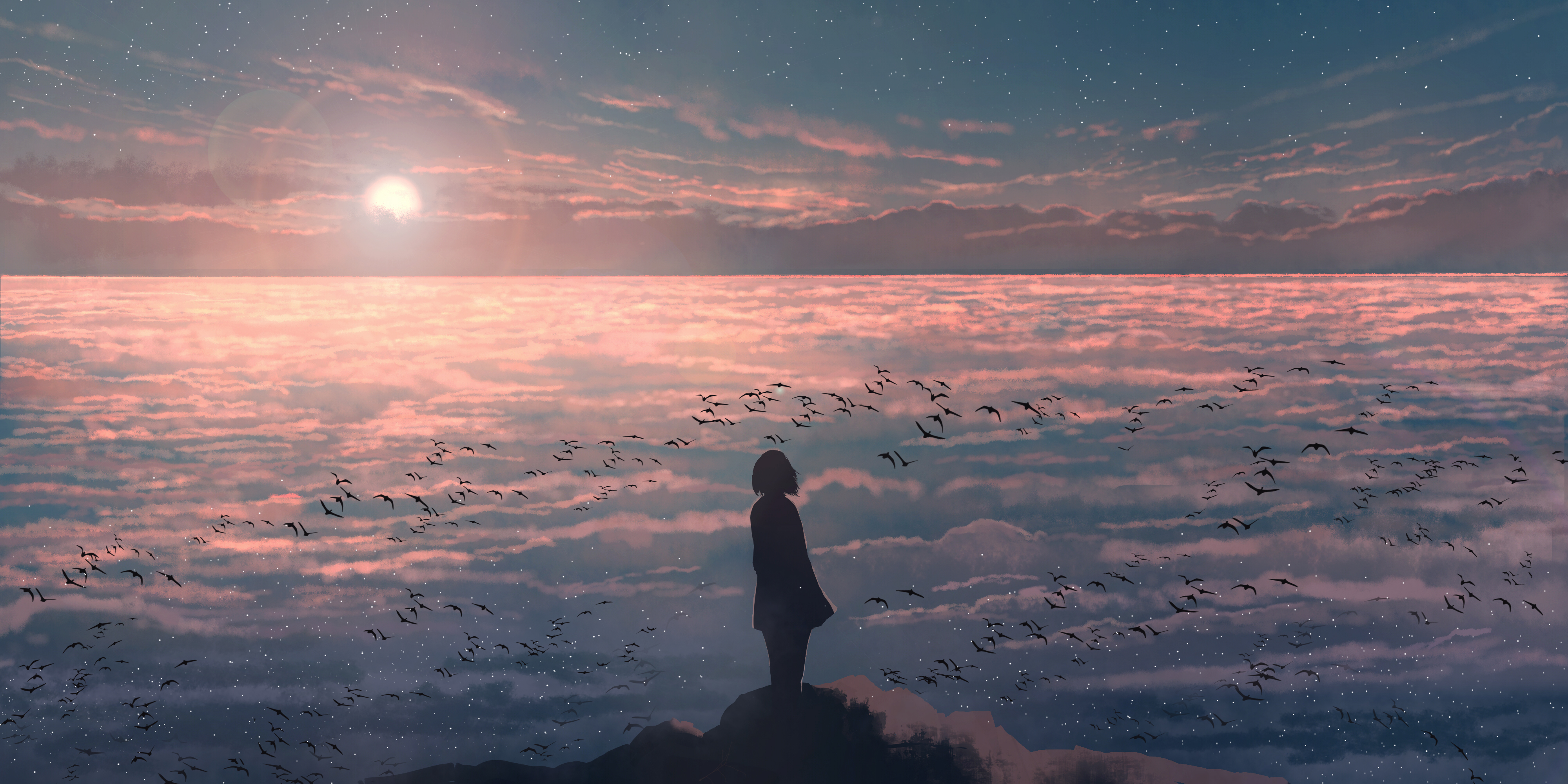 1girl above_clouds absurdres arms_at_sides bad_link bird blue_sky cloud cloudy_sky dress evening facing_away from_behind highres horizon huashijw legs_together lens_flare original outdoors scenery short_hair simple_bird sky solo standing star_(sky) sunset too_many too_many_birds wide_shot