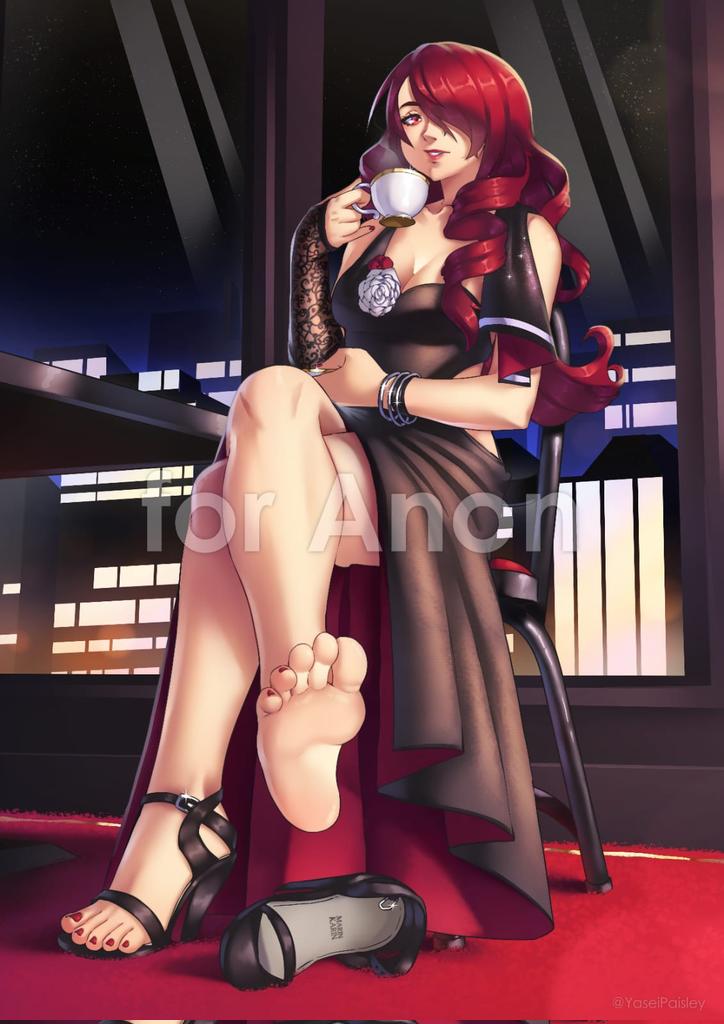 1girl alternate_costume bare_legs barefoot black_dress bracelet breasts cleavage commission crossed_legs cup detached_sleeves dress eyelashes feet hair_over_one_eye high_heel_sandals holding holding_cup indoors jewelry kirijou_mitsuru legs long_hair looking_at_viewer medium_breasts nail_polish night on_chair one_eye_covered parted_lips persona persona_3 red_hair red_lips sandals single_detached_sleeve sitting soles solo strappy_heels toenail_polish toenails toes window yaseipaisley