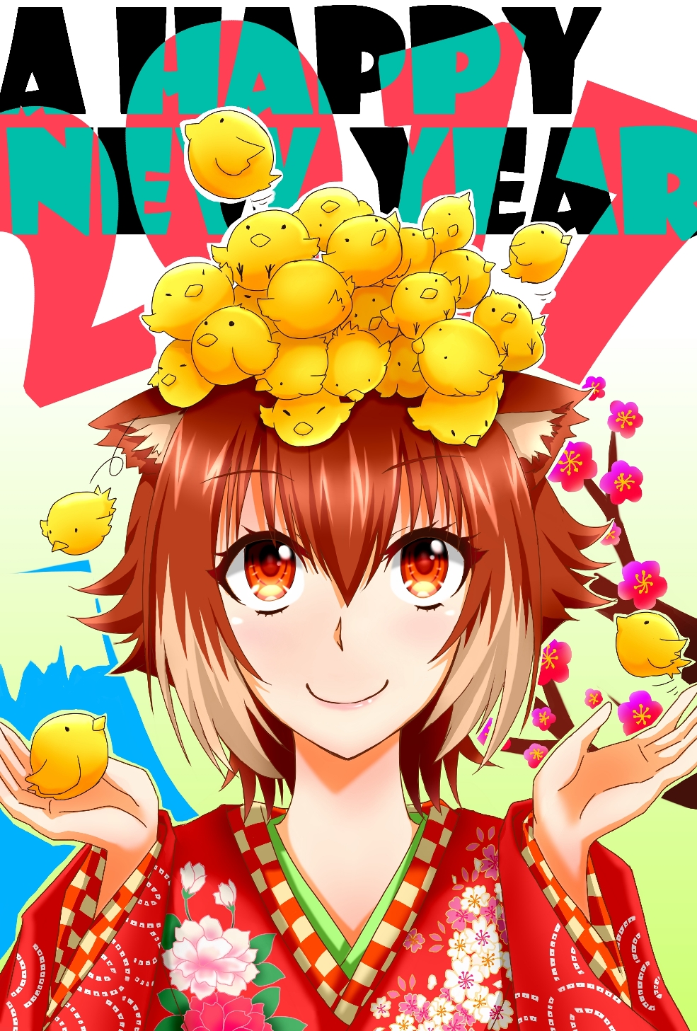 1girl animal animal_ears animal_on_head bird bird_on_head blazblue brown_hair chick chukachuka female_focus floral_print highres japanese_clothes kimono makoto_nanaya multicolored_hair nengajou new_year on_head orange_eyes short_hair smile solo squirrel_ears too_many too_many_birds too_many_chicks two-tone_hair