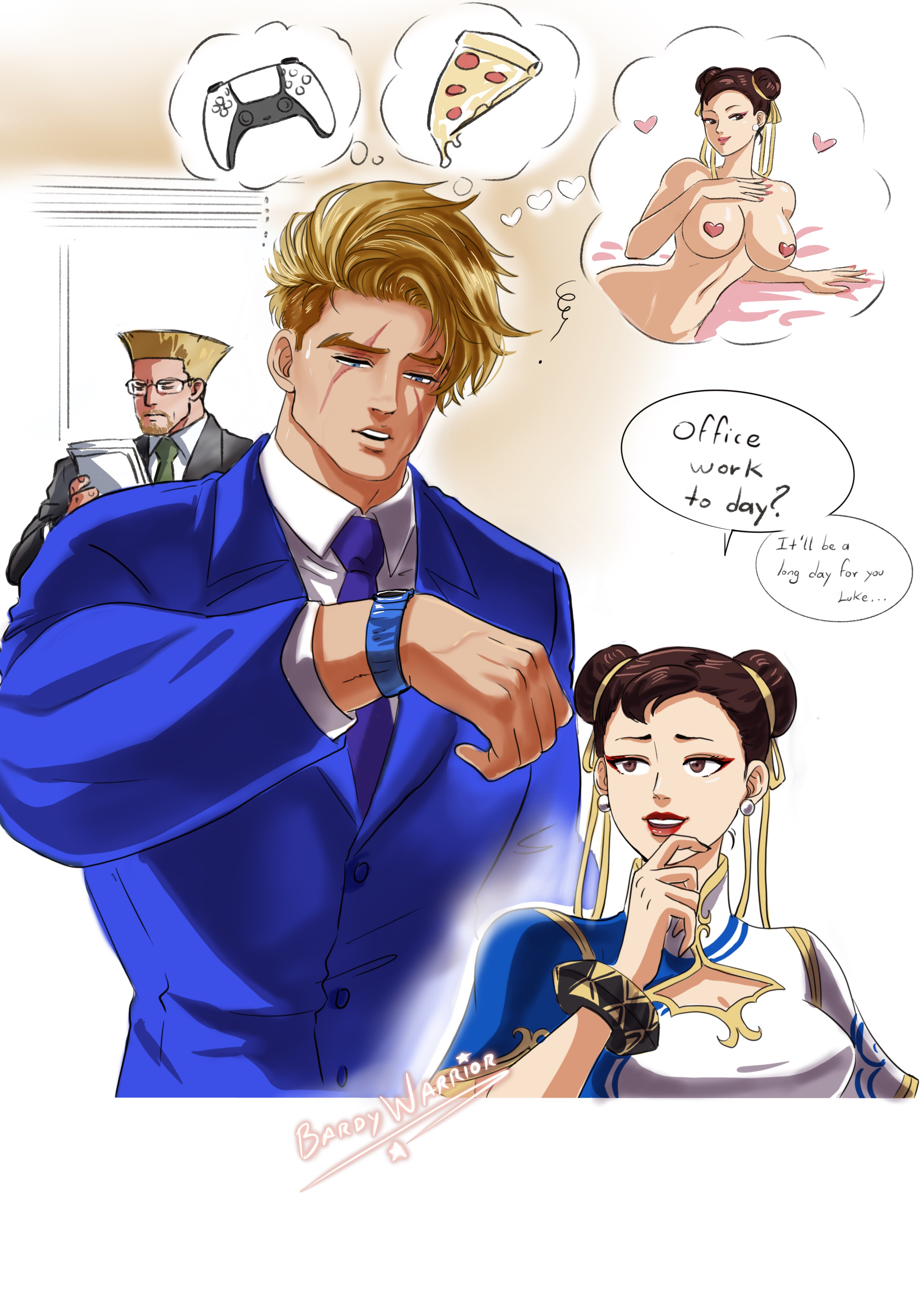 1girl 2boys absurdres bardy_warrior blue_suit capcom chun-li commentary double_bun english_commentary english_text flattop food formal_clothes guile hair_bun highres luke_sullivan multiple_boys necktie nipples pizza purple_necktie scar scar_on_face smile speech_bubble street_fighter street_fighter_6 suit