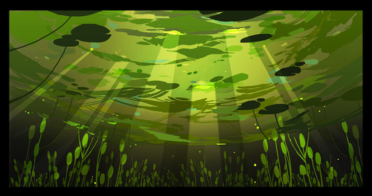 air_bubble algae black_border border bubble commentary english_commentary from_below green_background green_theme light_rays lily_pad monochrome nature no_humans original outdoors plant pond scenery sunlight underwater victoria_joh water