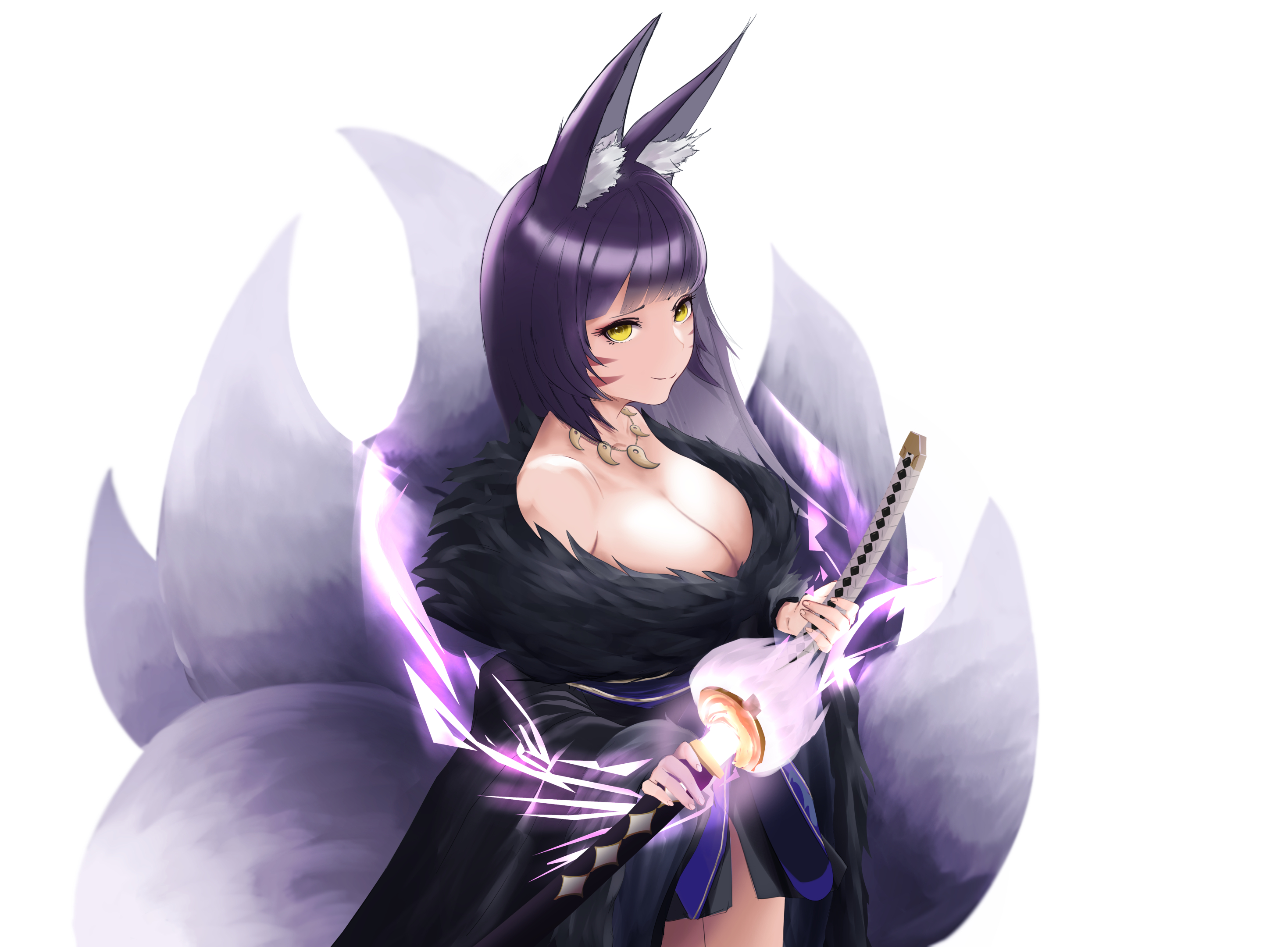 1girl animal_ear_fluff animal_ears azur_lane bare_shoulders beefusteku black_kimono breasts cleavage commentary english_commentary facial_mark fox_ears fox_girl fox_tail fur-trimmed_kimono fur_trim highres holding holding_sword holding_weapon japanese_clothes jewelry kimono kitsune kyuubi large_breasts large_tail long_hair looking_at_viewer low_neckline magatama magatama_necklace multiple_tails musashi_(azur_lane) necklace purple_hair sheath simple_background skirt_under_kimono solo sword tail unsheathing weapon whisker_markings white_background yellow_eyes