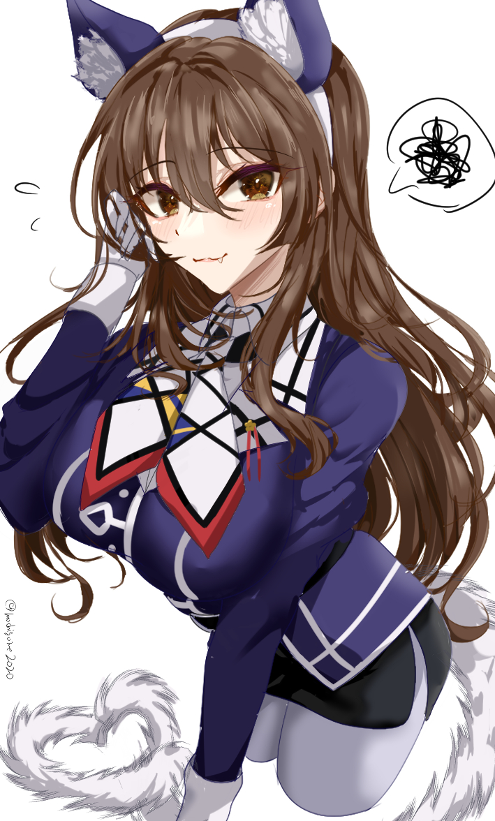 1girl animal_ears ascot ashigara_(kancolle) ashigara_kai_ni_(kancolle) blush breasts brown_eyes brown_hair chamumi_(mochiumee) cowboy_shot extra_ears fake_tail fang gloves hair_between_eyes hairband jacket kantai_collection large_breasts long_hair long_sleeves looking_at_viewer military_uniform multicolored_ascot multicolored_neckerchief neckerchief pantyhose pencil_skirt print_neckerchief purple_jacket skirt smile solo speech_bubble tail unworn_fake_animal_ears wavy_hair white_background white_gloves white_hairband white_pantyhose wolf_ears wolf_tail