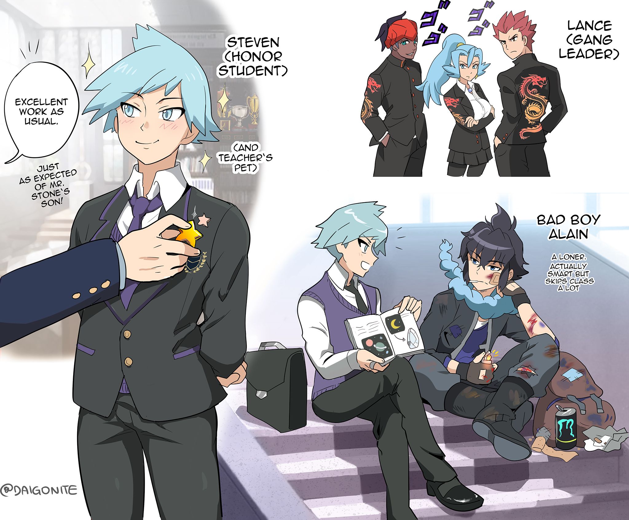 1girl 4boys aged_down alain_(pokemon) bandaid bandaid_on_face black_footwear black_jacket black_necktie black_pants blood brown_bag buttons character_name cigarette clair_(pokemon) collared_shirt commentary_request crossed_legs dragon_print english_text goro_orb highres jacket lance_(pokemon) monster_energy multiple_boys necktie nintendo pants pokemon pokemon_(anime) pokemon_journeys purple_necktie purple_vest raihan_(pokemon) school_uniform scrape shirt shoes sitting speech_bubble stairs steven_stone twitter_username vest watermark white_shirt