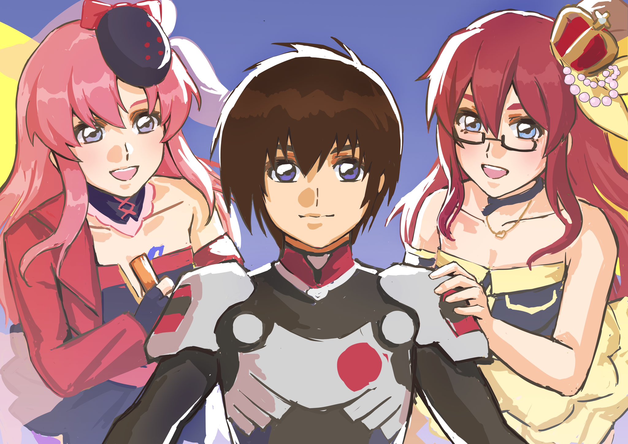 1boy 2girls alternate_costume black_dress black_headwear blue_eyes bodysuit commentary commission cosplay crown detached_sleeves dress english_commentary flay_allster glasses gundam gundam_seed hair_ribbon hand_on_another's_shoulder hat highres holding holding_microphone jacket kira_yamato lacus_clyne looking_at_viewer macross macross_frontier mecha_pilot_suit microphone mini_hat multiple_girls nekkikamille off_shoulder open_mouth pilot_suit purple_eyes ranka_lee ranka_lee_(cosplay) red_jacket ribbon saotome_alto saotome_alto_(cosplay) sheryl_nome sheryl_nome_(cosplay) smile straight-on strapless strapless_dress yellow_dress yellow_ribbon