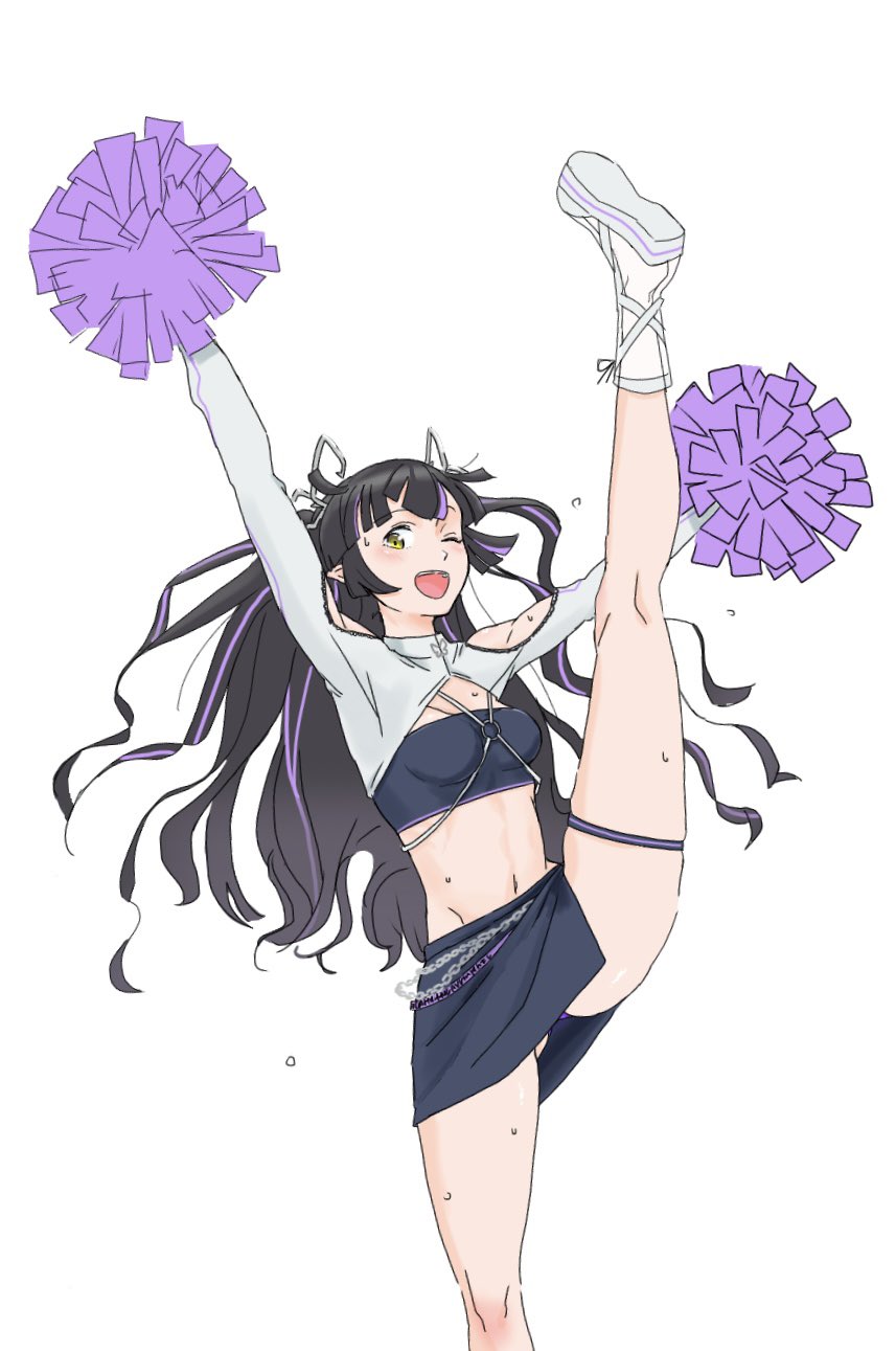 1girl arms_up belt black_hair black_skirt black_tube_top blush breasts clothing_cutout commentary_request demon_girl demon_horns foot_out_of_frame grey_background highres horns jacket kojo_anna kojo_anna_(2nd_costume) long_hair looking_at_viewer medium_breasts miniskirt n1jichich1 nanashi_inc. official_alternate_costume one_eye_closed open_mouth pencil_skirt pointy_ears pom_pom_(cheerleading) purple_belt purple_hair shoulder_cutout shrug_(clothing) simple_background skirt smile solo split standing standing_on_one_leg standing_split strapless tube_top twintails virtual_youtuber white_jacket yellow_eyes