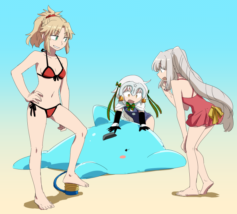 3girls :d air_pump arm_support asaya_minoru bare_arms bare_legs bare_shoulders barefoot beach bell bikini black_gloves blue_one-piece_swimsuit blue_sky bow breasts brown_eyes collarbone day elbow_gloves fate/grand_order fate_(series) front-tie_bikini_top front-tie_top gloves green_bow green_eyes green_ribbon hair_between_eyes hair_bow halterneck hand_on_own_knee hand_up headpiece inflatable_dolphin inflatable_toy jeanne_d&#039;arc_(fate) jeanne_d&#039;arc_alter_santa_lily_(fate) jeanne_d&#039;arc_alter_santa_lily_(summer_little)_(fate) leaning_forward light_brown_hair long_hair marie_antoinette_(fate) marie_antoinette_(swimsuit_caster)_(first_ascension)_(fate) mordred_(fate) mordred_(fate/apocrypha) mordred_(swimsuit_rider)_(fate) mordred_(swimsuit_rider)_(first_ascension)_(fate) multiple_girls navel one-piece_swimsuit open_mouth outdoors parted_bangs ponytail red_bikini red_one-piece_swimsuit ribbon sand school_swimsuit side-tie_bikini_bottom silver_hair sky small_breasts smile striped_bow striped_ribbon swimsuit twintails very_long_hair