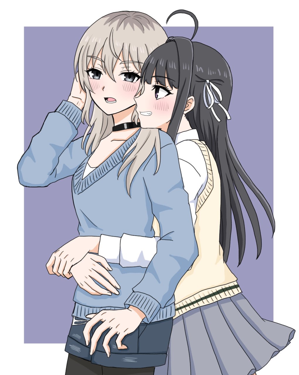 2girls awa_subaru black_choker black_pantyhose blue_shorts blue_sweater blush border choker collared_shirt commentary girls_band_cry grey_eyes grey_hair grey_skirt grin hair_ribbon highres hug hug_from_behind kawaragi_momoka long_sleeves multicolored_hair multiple_girls open_mouth pantyhose pleated_skirt purple_background purple_eyes ribbon roots_(hair) shirt shorts simple_background skirt smile sweater sweater_vest white_border white_ribbon white_shirt xiaoyu_(xiaoyu0308) yellow_sweater_vest yuri