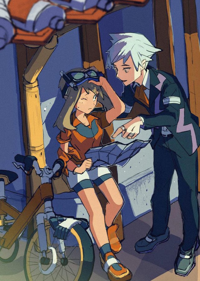 1boy 1girl against_wall bad_id bad_twitter_id bicycle bike_shorts black_legwear black_pants brown_hair collared_shirt commentary_request goggles goggles_on_head grey_hair holding holding_map jacket jewelry leaning_forward long_sleeves looking_at_another map may_(pokemon) nintendo one_eye_closed pants pointing pokemon pokemon_rse ring shirt shoes short_sleeves skirt socks standing steven_stone sweatdrop terrible_burst