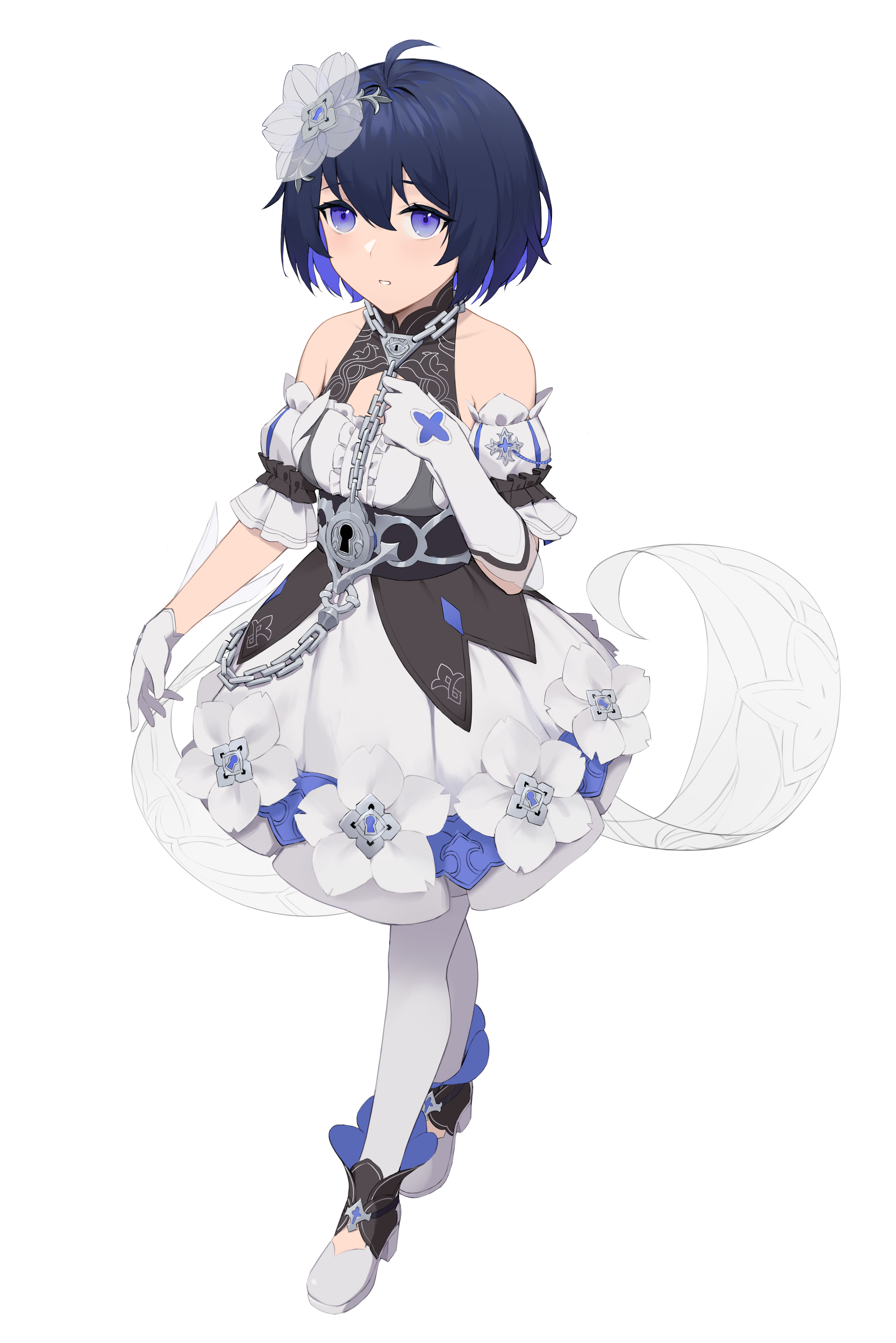 1girl absurdres ahoge bare_shoulders blue_eyes blue_hair bob_cut dress fled flower full_body gloves hair_flower hair_ornament highres honkai_(series) honkai_impact_3rd looking_at_viewer puffy_short_sleeves puffy_sleeves seele_vollerei seele_vollerei_(stygian_nymph) short_hair short_sleeves solo standing thighhighs transparent_background white_dress white_flower white_gloves white_thighhighs