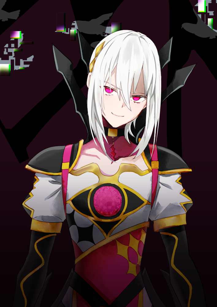 1boy armored_collar dragon_boy fire_emblem fire_emblem_engage hair_between_eyes looking_at_viewer male_focus nintendo rafal_(fire_emblem) red_eyes shoochiku_bai smile white_hair