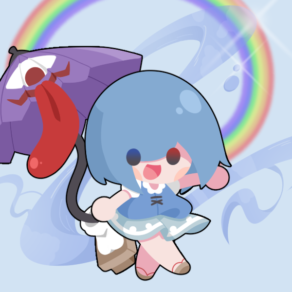 1girl :d baek_ban black_outline blue_background blue_eyes blue_hair blue_skirt brown_footwear chibi commentary full_body heterochromia karakasa_obake open_mouth outline purple_umbrella rainbow red_eyes short_hair skirt smile solid_oval_eyes solo symbol-only_commentary tatara_kogasa tongue touhou umbrella variant_set