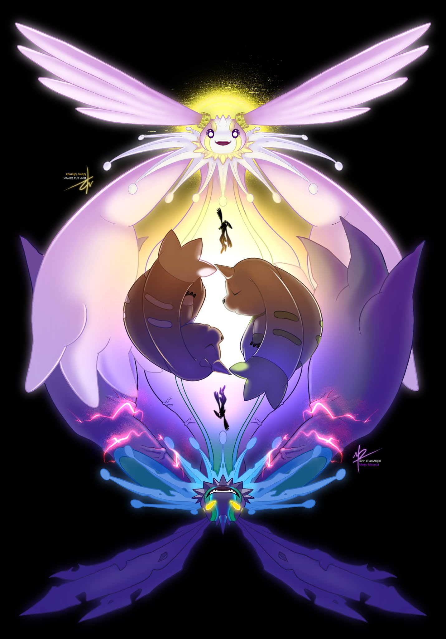 andiramon andiramon_(deva) angel cherubimon cherubimon_(vice) cherubimon_(virtue) digimon digimon_(creature) fallen_angel highres holy_ring horns looking_to_the_side lopmon terriermon yellow_eyes