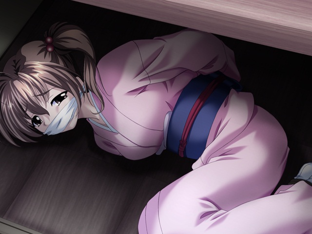 1girl arms_behind_back artist_request bdsm bondage bound bound_wrists brown_hair character_request cloth_gag copyright_request curled_up facing_viewer female_focus fetal_position fringe_trim gag gagged imminent_rape improvised_gag in_container japanese_clothes kidnapped kimono long_hair looking_at_viewer lying obi on_side cloth_gag sash solo source_request traditional_clothes treasure_chest trunk twintails