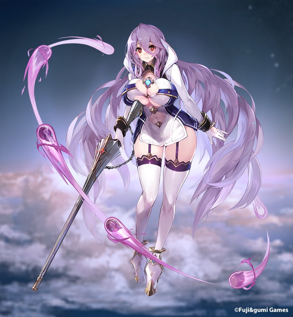 1girl armor armored_boots blurry blurry_background boots bracelet breasts chain cleavage cleavage_cutout clothing_cutout cloud collared_shirt company_name female_focus freischutz_(phantom_of_the_kill) full_body garter_straps gloves gun huge_breasts jewelry long_hair long_sleeves miniskirt navel navel_cutout official_art phantom_of_the_kill purple_hair red_eyes rifle shirt skirt sleeve_cuffs smile solo star_(sky) thighhighs underboob_cutout very_long_hair weapon wide_hips