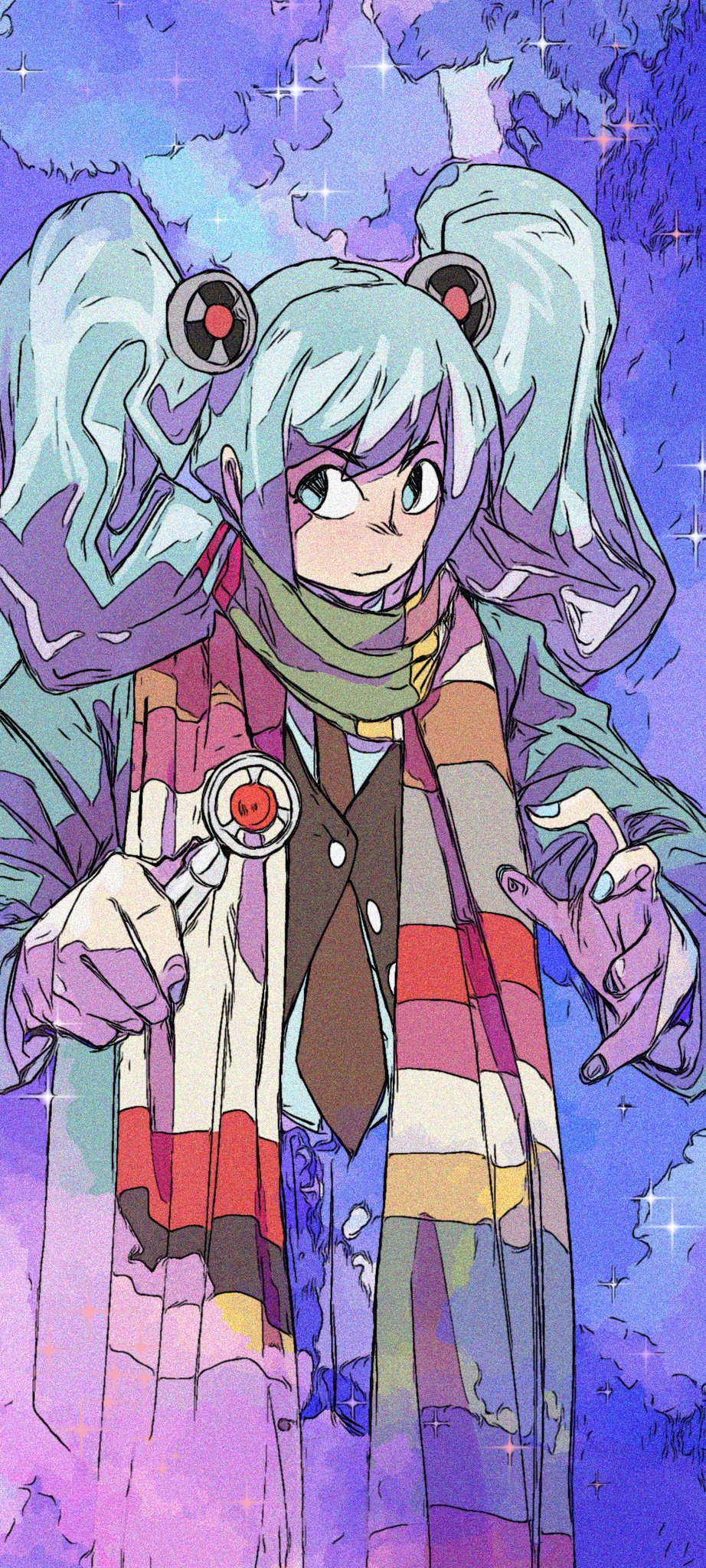 1girl blue_background blue_coat blue_eyes blue_hair blue_nails brown_necktie brown_vest buttons clew_d._rose coat commentary cosplay doctor_who english_commentary fan_hair_ornament fourth_doctor_(doctor_who) fourth_doctor_(doctor_who)_(cosplay) hair_ornament hatsune_miku highres holding looking_to_the_side multicolored_scarf necktie scarf smile solo sonic_screwdriver sparkle the_doctor_(doctor_who) vest vocaloid