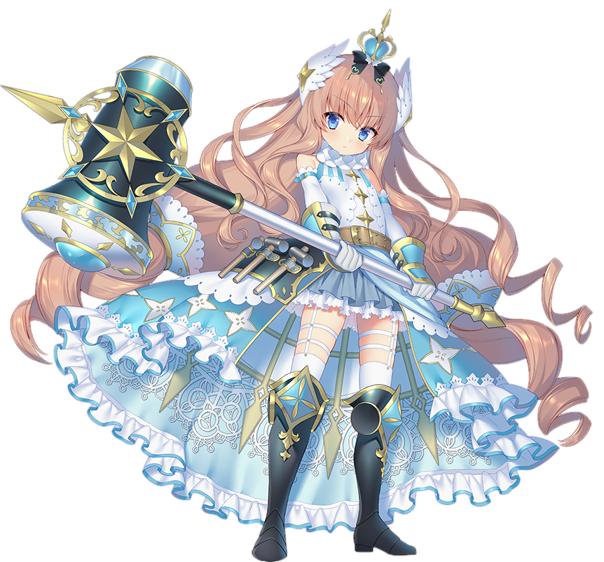 1girl artist_request bad_source bare_shoulders belt blue_eyes blue_skirt boots breasts crown dress dwarf four-pointed_star full_body game_cg hair_ornament hammer holding holding_hammer long_hair official_art sennen_sensou_aigis six_pointed_star skirt solo teeny_(sennen_sensou_aigis) third-party_source transparent_background wing_hair_ornament