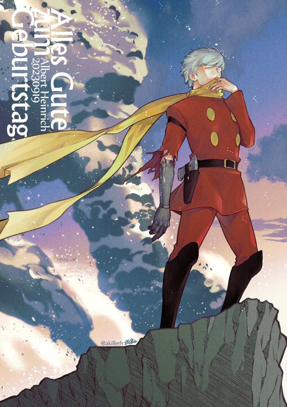 1boy albert_heinrich belt black_belt black_boots boots burning cliff coat cyborg cyborg_009 dragon-inn dynamic_pose grey_eyes grey_hair highres male_focus mechanical_arms pants red_coat red_pants scarf short_hair smoke soldier yellow_scarf