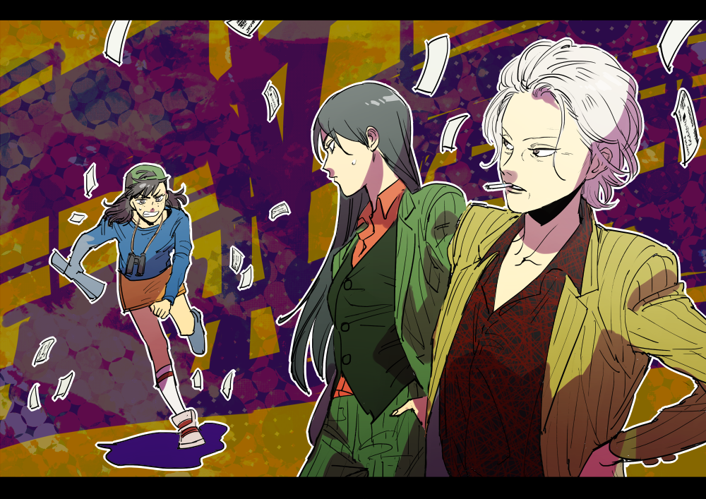3girls binoculars black_shirt blue_shirt breasts cigarette clenched_teeth closed_mouth collared_shirt commentary_request expressionless falling_money full_body genderswap genderswap_(mtf) gin_to_kin green_hat green_jacket green_pants green_vest hair_slicked_back hat hirai_ginji jacket kawamatsu_ryouhei letterboxed long_hair looking_at_another medium_breasts morita_tetsuo multiple_girls old old_woman orange_shirt orange_skirt pants red_shirt running shirt short_hair skirt striped_clothes striped_jacket t-shirt teeth upper_body vertical-striped_clothes vertical-striped_jacket vest wataroux white_hair yellow_jacket