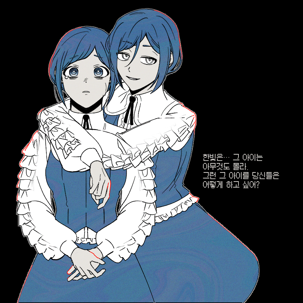 2girls b1ue_e4rth black_background collared_shirt cowboy_shot dual_persona frilled_shirt frilled_sleeves frills fukurai_azami hair_between_eyes hug kisaragi_ayumi korean_text long_sleeves looking_at_viewer multiple_girls protected_link shirt short_hair simple_background skirt smile spoilers standing tearing_up toshi_densetsu_kaitai_center translation_request
