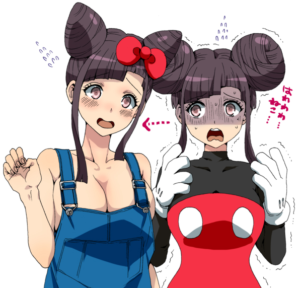 2girls arrow_(symbol) black_hair blush bow breasts character_request cleavage cone_hair_bun cosplay danganronpa_(series) danganronpa_2:_goodbye_despair dosugon double_bun dual_persona gloves hair_bow hair_bun hand_up hello_kitty large_breasts long_hair mickey_mouse mickey_mouse_&amp;_friends mickey_mouse_(cosplay) mole mole_under_eye multiple_girls overalls red_bow sanrio simple_background smile translation_request trembling tsumiki_mikan upper_body white_background white_gloves