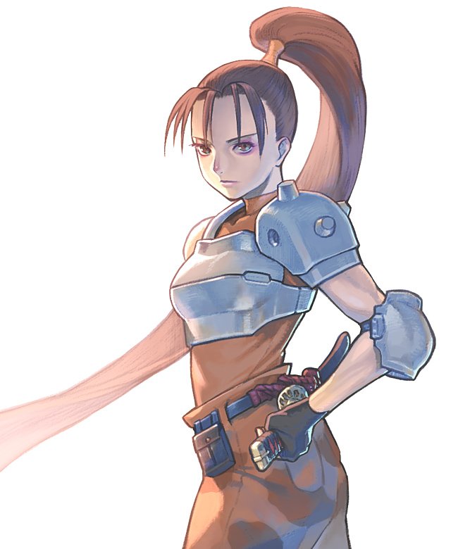1girl alien_(series) alien_vs._predator armor brown_eyes brown_hair camouflage capcom closed_mouth commentary fingerless_gloves gloves katana linn_kurosawa long_hair looking_at_viewer military military_uniform ponytail predator_(series) sakamoto_mineji shoulder_pads simple_background solo sword weapon white_background