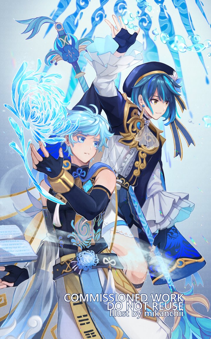 2boys alternate_costume arm_up artist_name ascot asymmetrical_hair belt beret black_belt black_gloves black_shirt blue_coat blue_eyes blue_eyeshadow blue_flower blue_hair blue_hat blue_ribbon blue_shorts blue_spider_lily book bracelet center_frills chongyun_(genshin_impact) coat coat_on_shoulders commentary commission detached_sleeves earrings elbow_gloves english_commentary eyeshadow fingerless_gloves floating floating_book floating_object flower frilled_sleeves frills genshin_impact gloves gold_trim grey_background hand_up hat hat_flower hat_ribbon holding holding_polearm holding_weapon jewelry light_particles long_sleeves makeup male_focus mikanchii multicolored_hair multiple_boys open_book pants parted_bangs parted_lips polearm ribbon see-through_clothes see-through_sleeves shirt short_hair short_shorts shorts single_earring sleeveless sleeveless_shirt smile spear spider_lily streaked_hair tassel tassel_earrings vision_(genshin_impact) water_drop watermark weapon white_pants white_shirt wide_sleeves xingqiu_(genshin_impact) yellow_eyes
