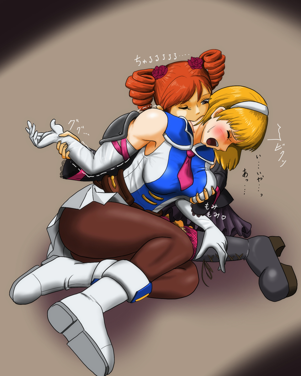2girls amy_sorel cassandra_alexandra doryu0 energy_drain grabbing_another&#039;s_breast grabbing_from_behind groping highres multiple_girls ryona soul_calibur tagme yuri