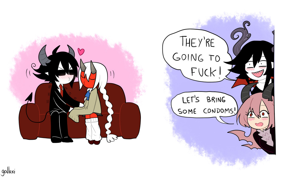 2boys 2girls 2koma black-tinted_eyewear black_eyes black_hair black_pants black_shoes black_suit blue_ribbon blush braid closed_eyes closed_mouth colored_skin comic couch demon_boy demon_girl demon_horns demon_tail english_text formal_clothes funamusea gallaxi glasses glasses_(funamusea) green_sweater heart horns imminent_kiss kiku_(funamusea) lil_(funamusea) long_hair long_sleeves loose_socks multiple_boys multiple_girls o3o open_mouth pants pink_hair pointy_ears profanity red-necktie red_eyes red_shoes red_skin ribbon satanick_(funamusea) sharp_teeth shoes signature sitting sleeves_past_fingers sleeves_past_wrists socks speech_bubble suit sunglasses sweater tail teeth white_hair white_skin white_socks