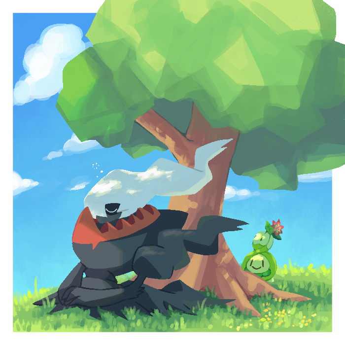 against_tree border budew closed_eyes closed_mouth cloud commentary_request darkrai day flower gen_4_pokemon grass ishikoro1645 legendary_pokemon mythical_pokemon nintendo no_humans outdoors pokemon pokemon_(creature) pokemon_focus sitting sky sleeping smile squeans tree white_border