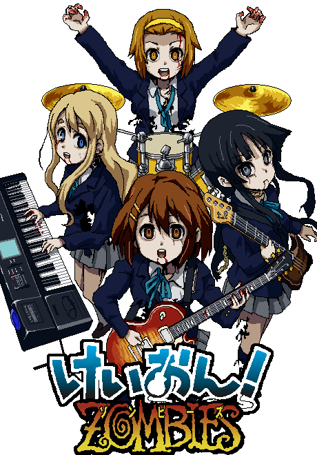 4girls akiyama_mio bass_guitar black_eyes black_hair blonde_hair blood blue_eyes brown_eyes brown_hair cagayake!_girls_pose crossover electric_guitar gibson_les_paul guitar hirasawa_yui ho-kago_tea_time instrument jaggy_lines k-on! kasuga_(kasuga39) keyboard_(instrument) korg korg_triton kotobuki_tsumugi long_hair looking_at_viewer marvel marvel_zombies matching_hair/eyes multiple_girls parody pixel_art short_hair simple_background synthesizer tainaka_ritsu white_background zombie