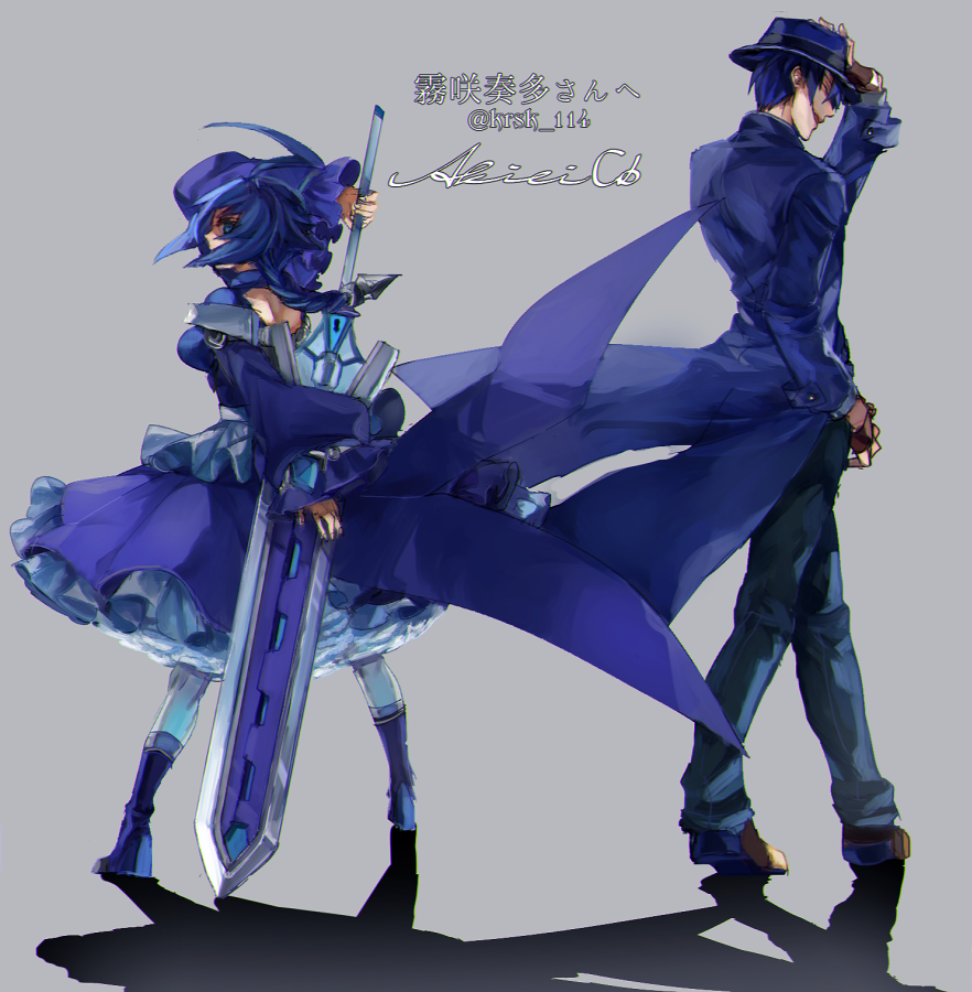 1boy 1girl akilico blazblue blazblue:_central_fiction blonde_hair dress es_(xblaze) closed_eyes fedora fingerless_gloves gloves greatsword grey_background hat hazama holding holding_sword holding_weapon huge_weapon jacket signature simple_background smile sword weapon