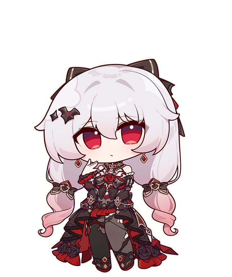 1girl \||/ black_bow black_dress black_pantyhose black_sleeves bow chibi closed_mouth detached_sleeves dress earrings eta fang full_body hair_bow honkai_(series) honkai_impact_3rd jewelry long_hair looking_at_viewer official_art pantyhose red_eyes skin_fang theresa_apocalypse theresa_apocalypse_(luna_kindred) theresa_apocalypse_(lunar_vow:_crimson_love) third-party_source torn_clothes torn_pantyhose twintails very_long_hair white_hair