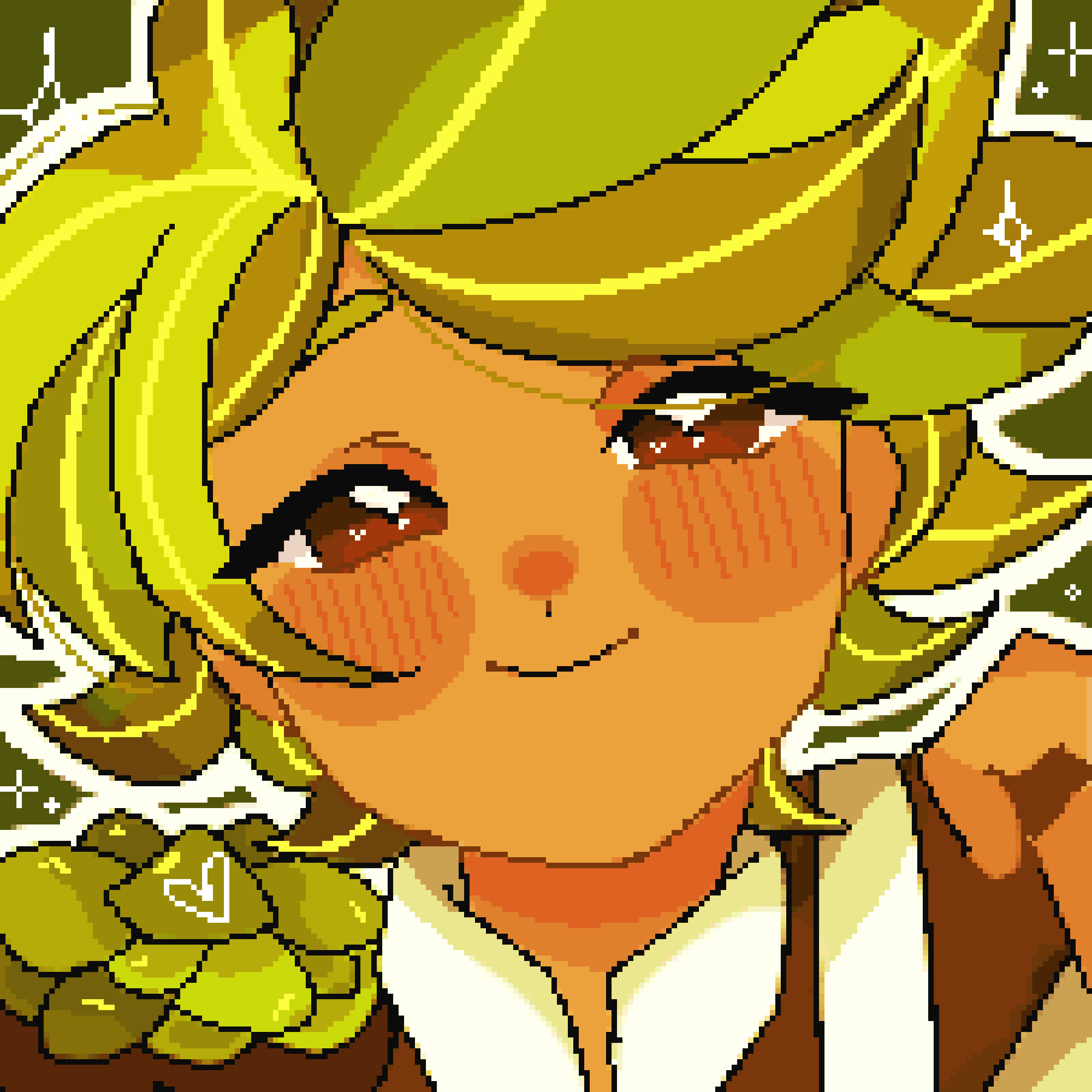 1boy bishounen blush brown_eyes brown_shirt campbell_ee close-up closed_mouth cookie_run eyebrows_hidden_by_hair flipped_hair green_background green_hair half-closed_eyes herb_cookie highres looking_at_viewer male_focus outline pixel_art portrait raised_eyebrows shirt simple_background smile solo sparkle sparkling_aura sparkling_eyes straight-on white_outline wing_collar