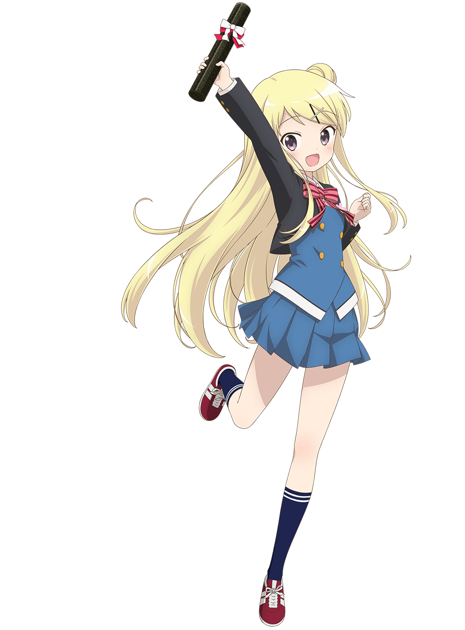 1girl :d arm_up black_jacket blonde_hair blue_skirt blue_socks blue_vest bow bowtie buttons clenched_hand collared_shirt diploma diploma_tube double-breasted full_body hair_bun hair_ornament hairclip highres holding holding_diploma jacket kin-iro_mosaic kujou_karen long_hair long_sleeves miniskirt moegi_high_school_uniform official_art open_clothes open_jacket open_mouth outstretched_arm pink_bow pink_bowtie pleated_skirt purple_eyes red_shoes school_uniform shirt shoes simple_background single_hair_bun skirt smile sneakers socks solo standing standing_on_one_leg striped_bow striped_bowtie striped_clothes tachi-e transparent_background ueta_kazuyuki very_long_hair vest white_bow white_shirt winter_uniform x_hair_ornament