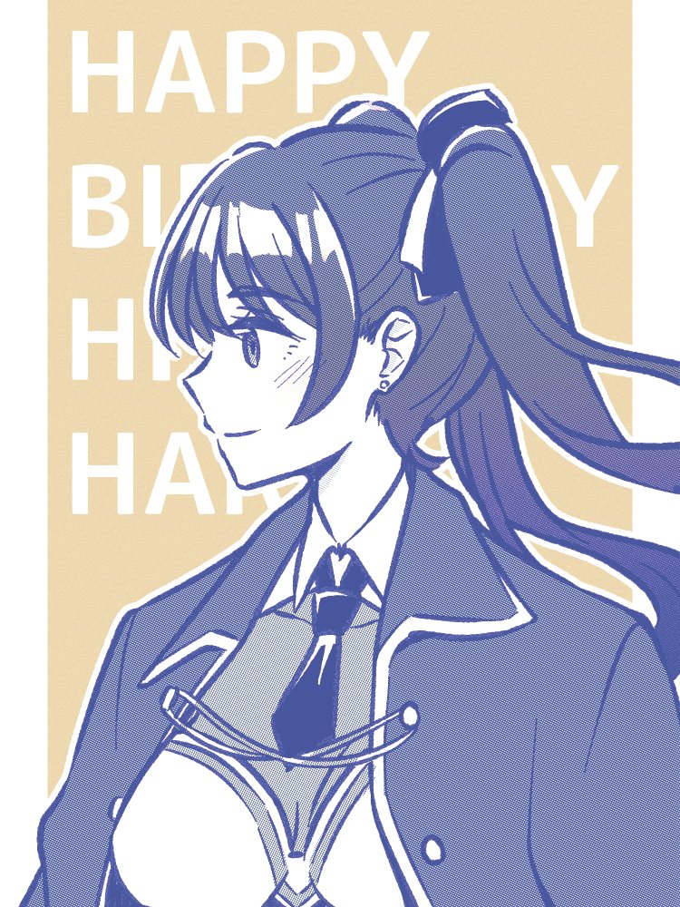 1girl akamirai assault_lily blush bodystocking breasts buttons character_name cloak closed_mouth collared_shirt commentary earrings greyscale_with_colored_background hair_ribbon happy_birthday hishida_haru jewelry long_hair looking_ahead looking_to_the_side medium_breasts necktie odaiba_girls_high_school_uniform outside_border pillarboxed profile ribbon school_uniform shirt short_necktie smile solo stud_earrings twintails upper_body yellow_background
