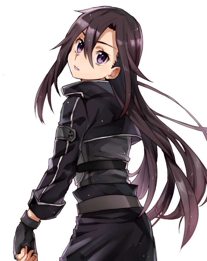 1boy black_gloves black_hair black_jacket cowboy_shot fingerless_gloves gloves hair_between_eyes jacket kirito kirito_(sao-ggo) komiya_harumoto long_hair long_sleeves looking_at_viewer looking_back open_mouth purple_eyes simple_background solo sword_art_online very_long_hair white_background