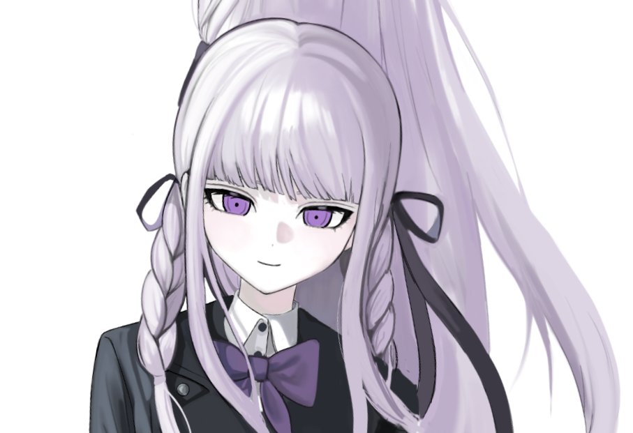 1girl black_jacket black_ribbon bow bowtie braid closed_mouth collared_shirt danganronpa danganronpa_(series) danganronpa_kirigiri dress_shirt hair_ribbon jacket kirigiri_kyoko long_hair nuns197 pink_eyes portrait purple_bow purple_bowtie ribbon shirt simple_background smile solo twin_braids twintails white_background white_shirt
