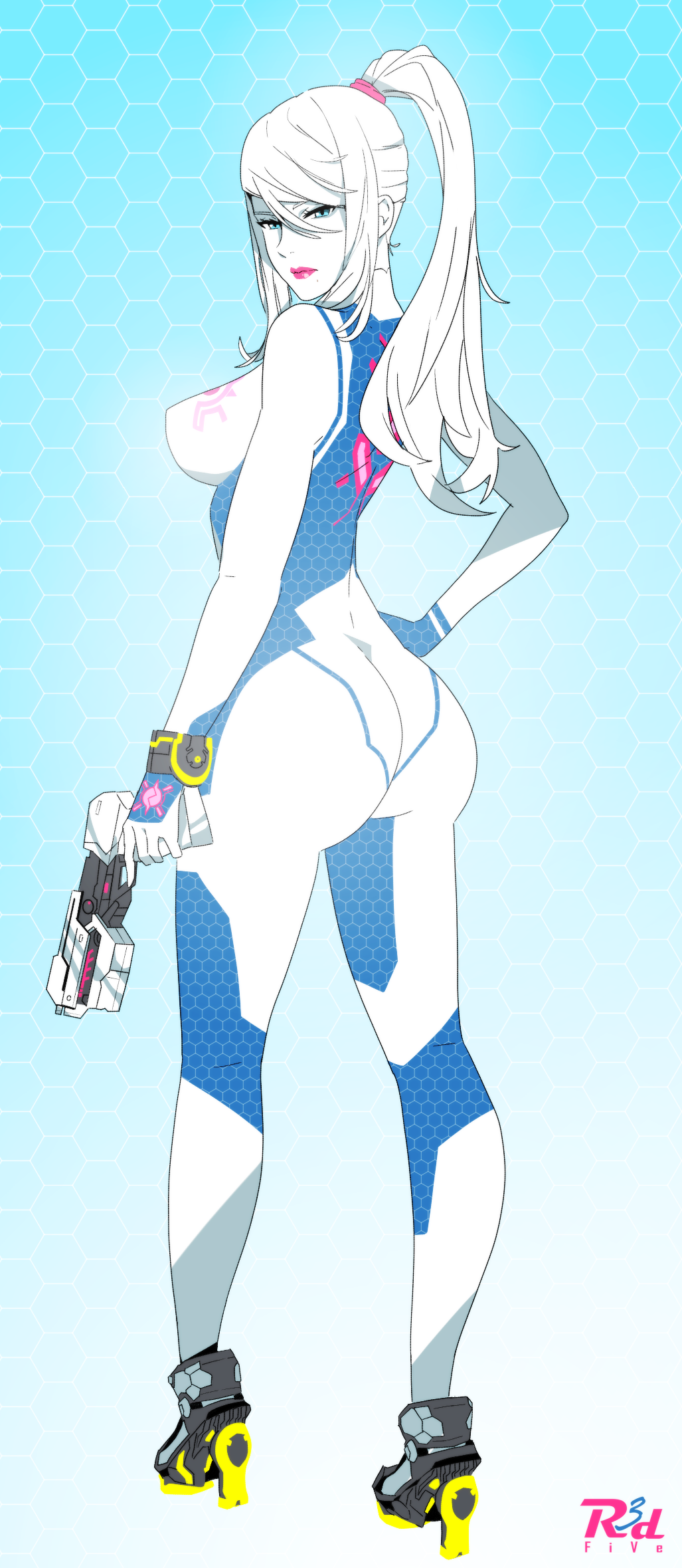 1girl artist_logo ass blonde_hair blue_bodysuit blue_eyes blush bodysuit breasts from_behind gun handgun high_heels high_ponytail highres holding holding_gun holding_weapon impossible_bodysuit impossible_clothes large_breasts logo long_hair looking_at_viewer medium_breasts metroid mole mole_under_mouth nintendo paralyzer ponytail r3dfive samus_aran simple_background skin_tight smile solo standing super_smash_bros. weapon zero_suit