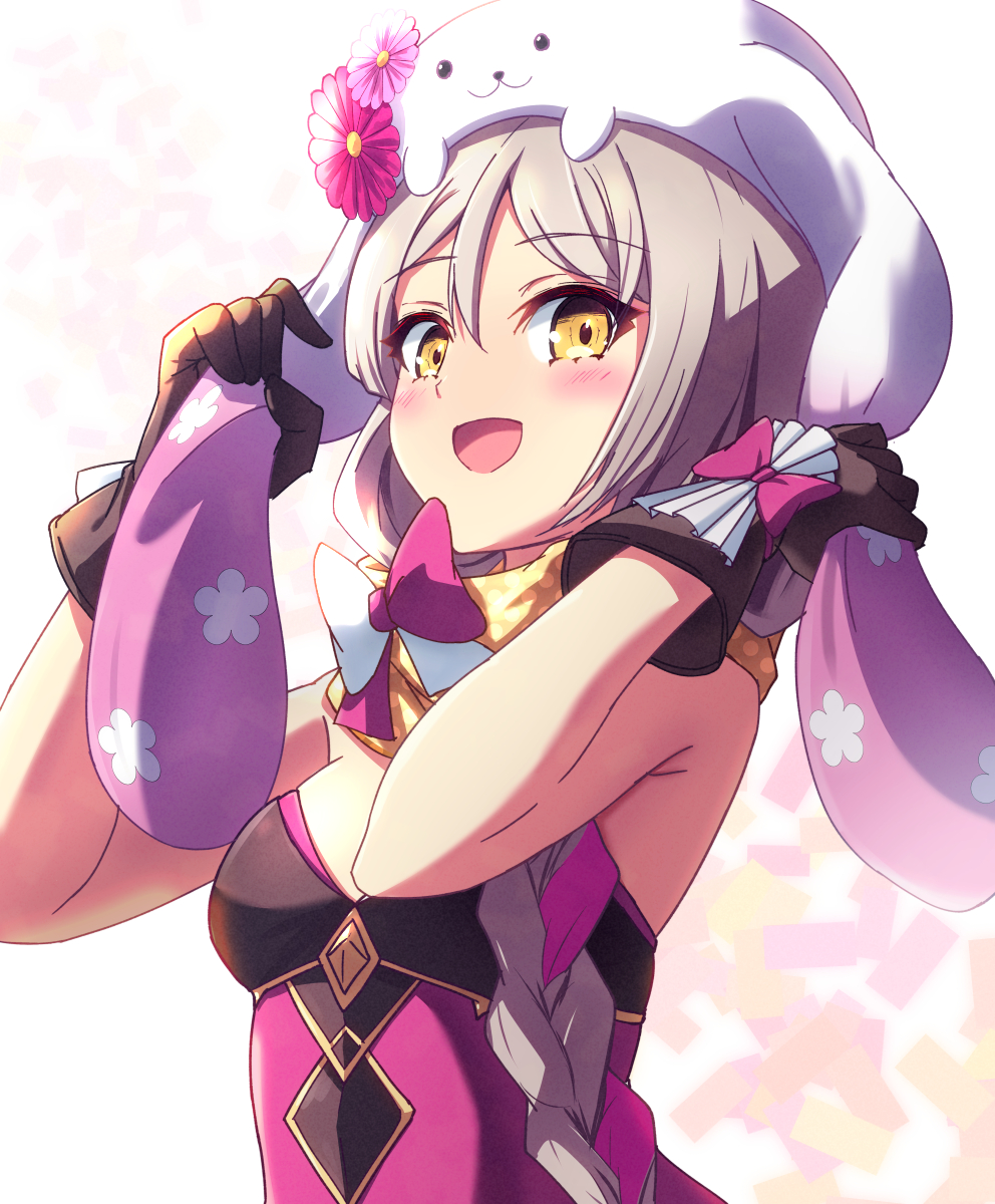 1girl animal_hat blonde_hair braid braided_ponytail brown_gloves easter expressive_clothes fire_emblem fire_emblem_engage fire_emblem_heroes flower_ornament framme_(fire_emblem) framme_(spring)_(fire_emblem) gloves hair_over_shoulder hat highres minamonochaba nintendo official_alternate_costume pink_hair rabbit_hat scarf solo upper_body yellow_eyes yellow_scarf