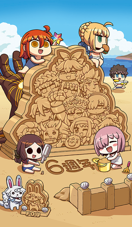 1boy 4girls :d ahoge anastasia_(fate) artoria_pendragon_(fate) artoria_pendragon_(swimsuit_archer)_(fate) beach bikini black_bow blue_bikini blue_eyes blue_male_swimwear blue_one-piece_swimsuit blue_ribbon blue_sky blush_stickers bottle bow bun_with_braided_base burger castor_(fate) chibi chibi_only chinese_commentary chinese_text closed_eyes cloud commentary_request cork creature day dress eating europa_(fate) expressionless fate/grand_order fate_(series) food fou_(fate) fujimaru_ritsuka_(female) fujimaru_ritsuka_(male) ganesha_(fate) green_eyes hair_between_eyes hair_bow hair_over_one_eye hair_ribbon holding holding_bottle holding_burger holding_food holding_water_gun karna_(fate) kneeling koyanskaya_(fate) leonardo_da_vinci_(fate) leonardo_da_vinci_(fate/grand_order) leonardo_da_vinci_(rider)_(fate) leonardo_da_vinci_(swimsuit_ruler)_(fate) li_shuwen_(fate) li_shuwen_(old)_(fate) long_hair low_ponytail male_swimwear mash_kyrielight mash_kyrielight_(swimsuit_of_perpetual_summer) medium_hair message_in_a_bottle multiple_girls napoleon_bonaparte_(fate) navel ocean official_art one-piece_swimsuit one_eye_covered one_side_up open_mouth orange_eyes orange_hair outdoors parted_bangs pollux_(fate) ponytail ribbon riyo_(lyomsnpmp) rolled_up_paper running sand sand_castle sand_sculpture seashell shell shirou_(bear)_(fate) short_hair side-tie_bikini_bottom sidelocks sitonai_(fate) sitting sky smile swimsuit tamamo_(fate) third-party_source water water_gun white_bikini white_dress xiang_yu_(fate)