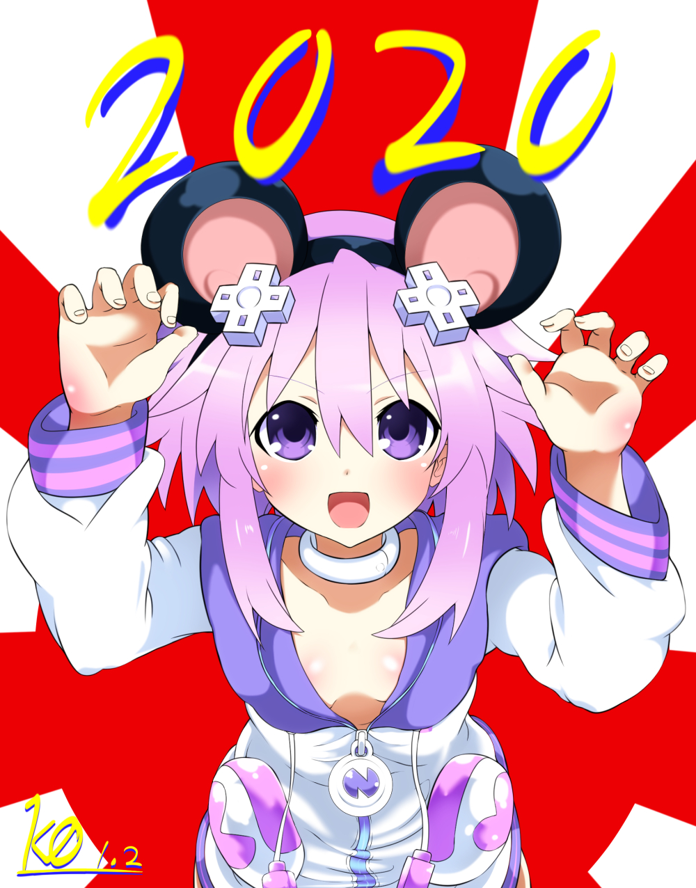 1girl 2020 animal_ears chinese_new_year chinese_zodiac choker d-pad d-pad_hair_ornament female_focus hair_between_eyes hair_ornament highres hood hooded_jacket jacket kurozero looking_at_viewer mouse_ears neptune_(neptunia) neptune_(series) purple_eyes purple_hair short_hair solo tongue tongue_out usb white_choker year_of_the_rat