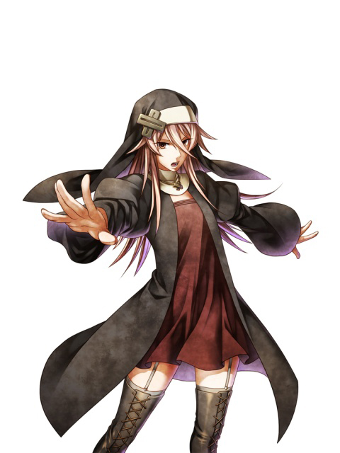 1girl boots brown_hair capcom character_request dress female_focus garter_straps habit lace-up_boots long_hair nun official_art onimusha_soul red_dress solo thigh_boots thighhighs