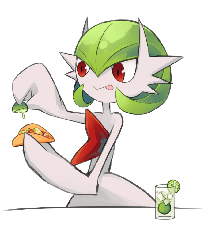 bob_cut colored_skin dmt_(auburn) drink food fruit gardevoir gen_3_pokemon green_hair holding holding_food ice ice_cube lemon lemon_slice mega_gardevoir mega_pokemon nintendo pokemon pokemon_(creature) red_eyes simple_background taco tongue tongue_out white_background white_skin