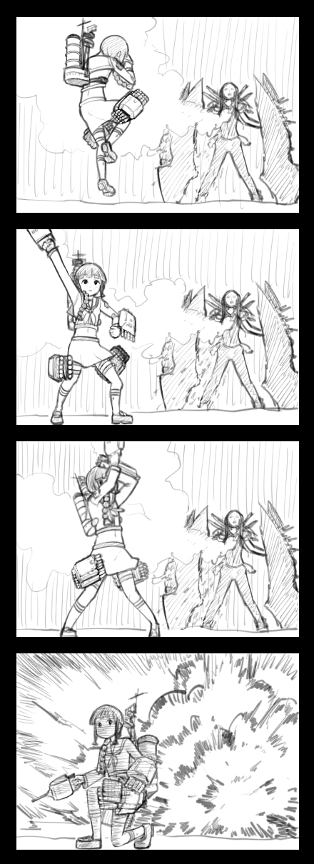 10s 2girls 4koma abyssal_ship braid comic eo_masaka explosion greyscale highres kamen_rider kamen_rider_black_rx kamen_rider_black_rx_(series) kantai_collection kitakami_(kancolle) kneehighs kneeling long_hair machinery midriff monochrome multiple_girls navel neckerchief pleated_skirt ru-class_battleship school_uniform serafuku shield ship_turret shoes single_braid skirt smoke socks torpedo